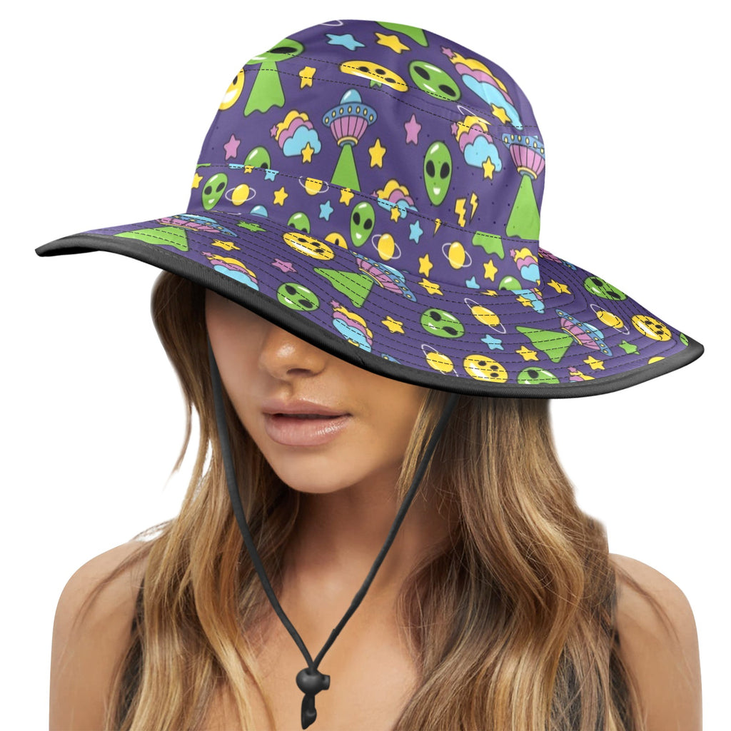 Groovy Alien And UFO Wide Brim Bucket Hat Wide Brim Bucket Hat Printed Offshore Sci Fi