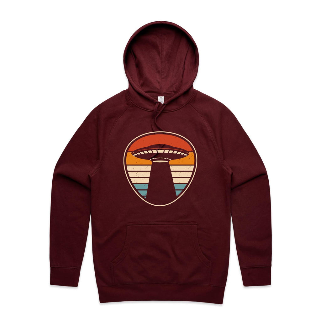 UFO, Retro Stripes - Mens Hoodie Burgundy Mens Hoodie Printed In Australia Sci Fi
