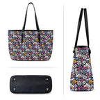 Graphic Flowers On Black PU Leather Tote Bag Large Leather Tote Bag-Large Plants Printed Offshore
