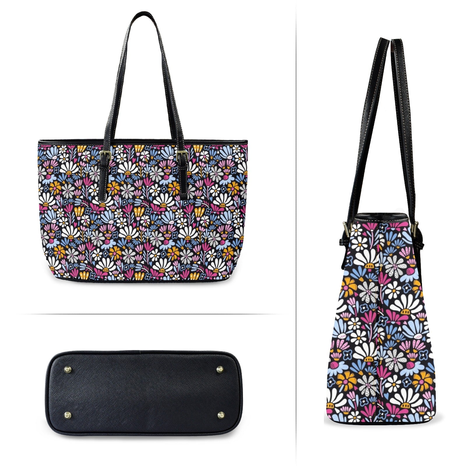 Graphic Flowers On Black - PU Leather Tote Bag - Large