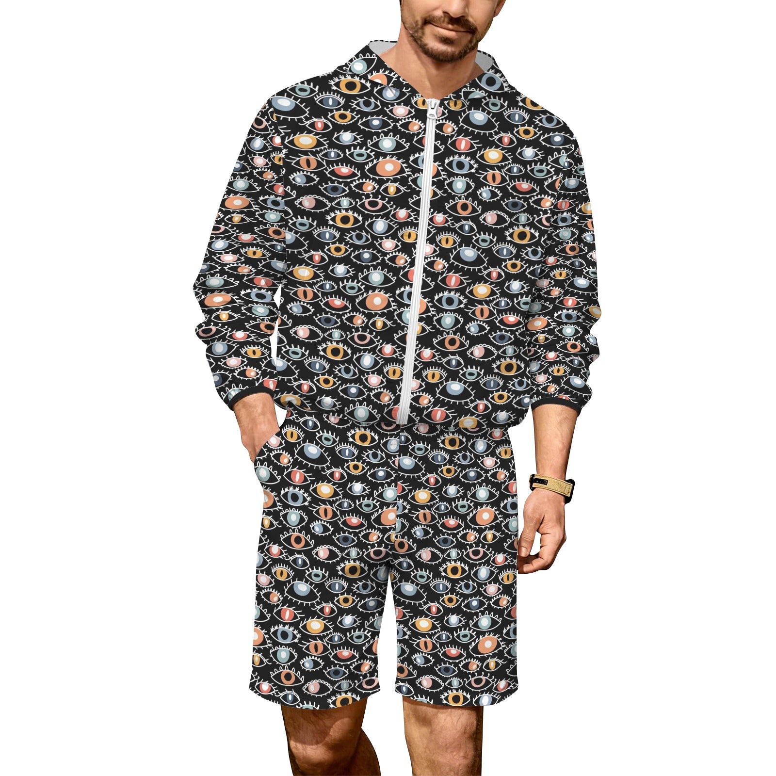 Eyes On Black Men's Lightweight Sun Hoodie & Shorts Set 4XL Men's Lightweight Sun Hoodie & Shorts Printed Offshore