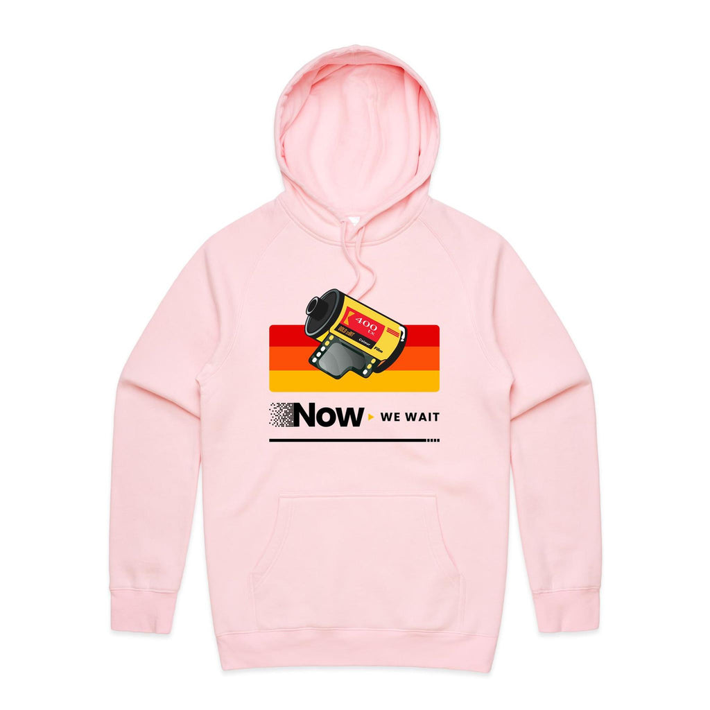 Camera Film, Now We Wait Men's AS Colour Hoodie Pink Mens Hoodie Printed In Australia Retro