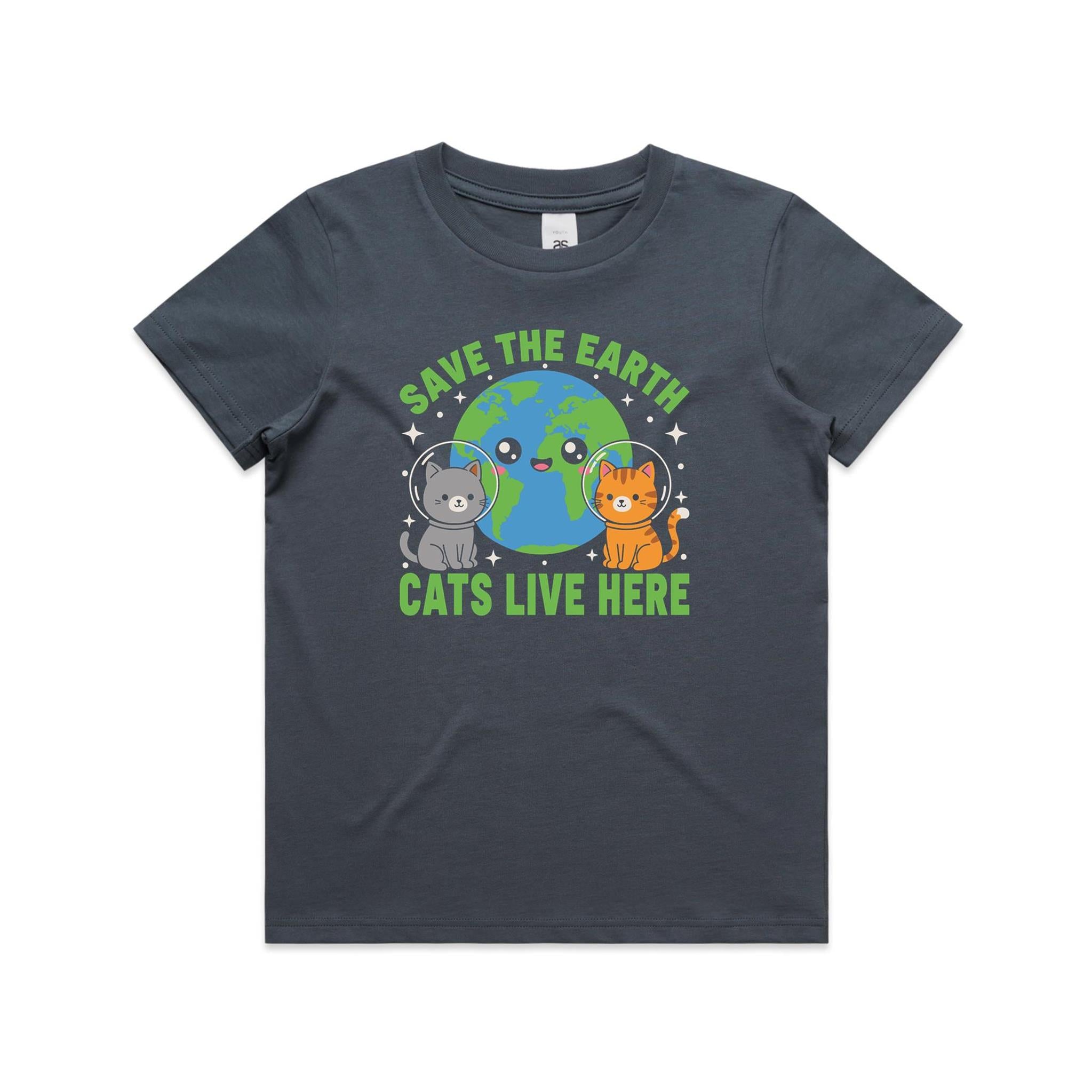 Save The Earth, Cats Live Here - Kid's AS Colour T-shirt Petrol blue Kids Youth T-shirt animal Environment Printed In Australia