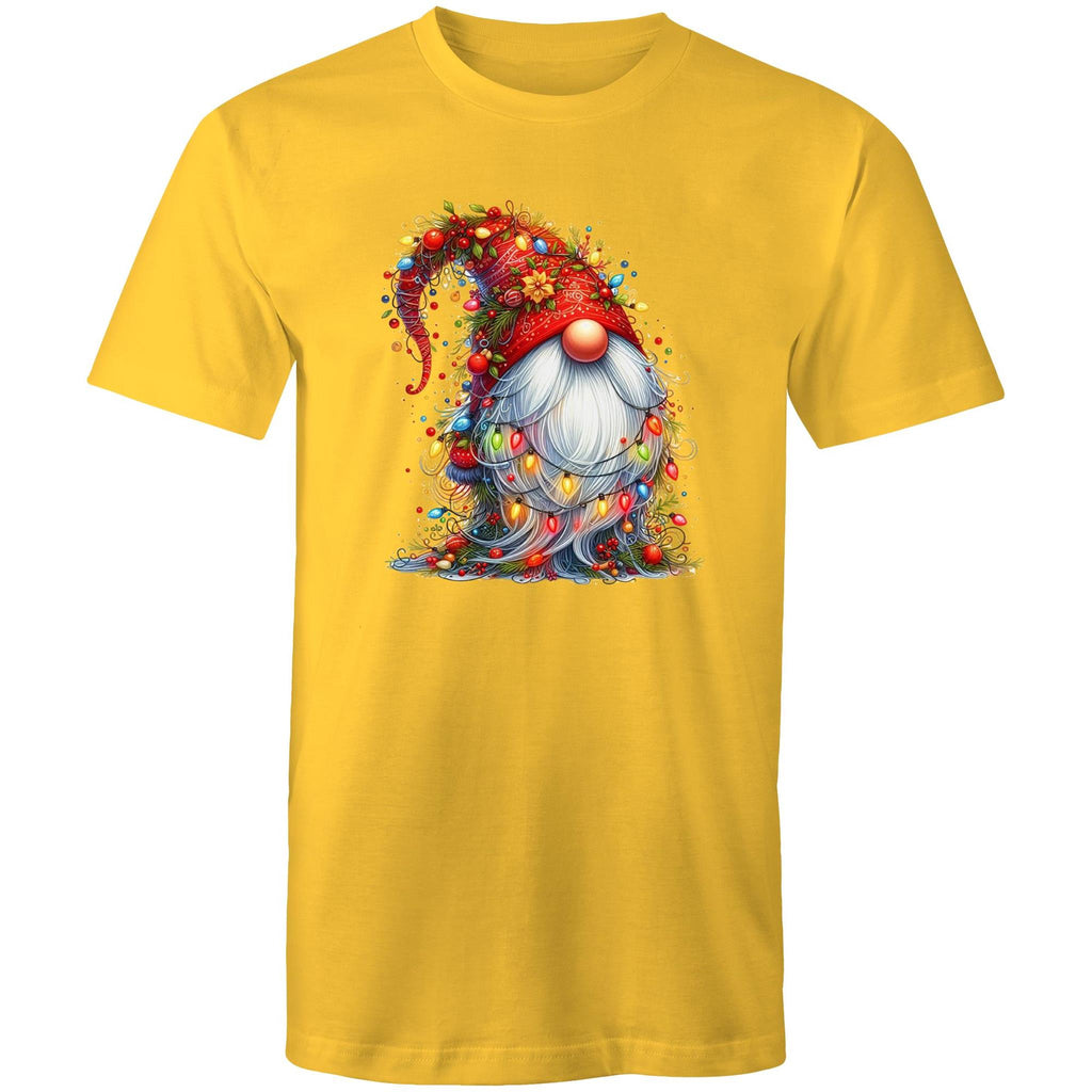 Christmas Gnome Wrapped In Lights - Mens T-Shirt Yellow Mens Christmas T-shirt Christmas Printed In Australia