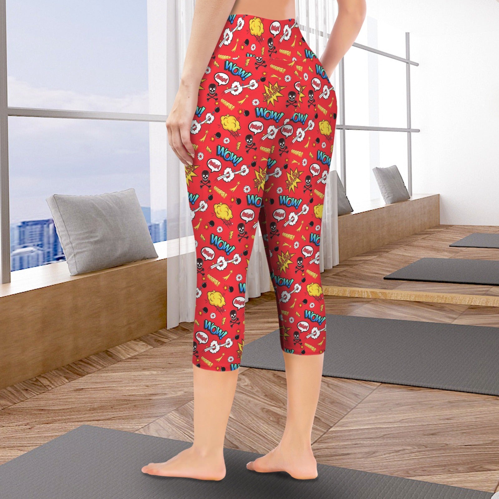 Comic Book Red Women's High Waist Pocket Capri Yoga Leggings Women's High Waist Capri Yoga Leggings comic Printed Offshore