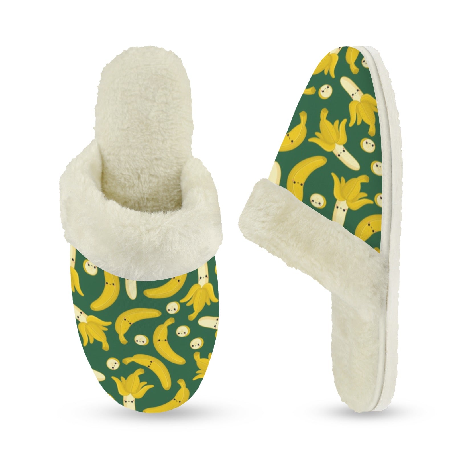 Happy Bananas Women's Fur Trim Thick-Sole Indoor Slippers Women's Fur Trimmed Slippers Food Printed Offshore