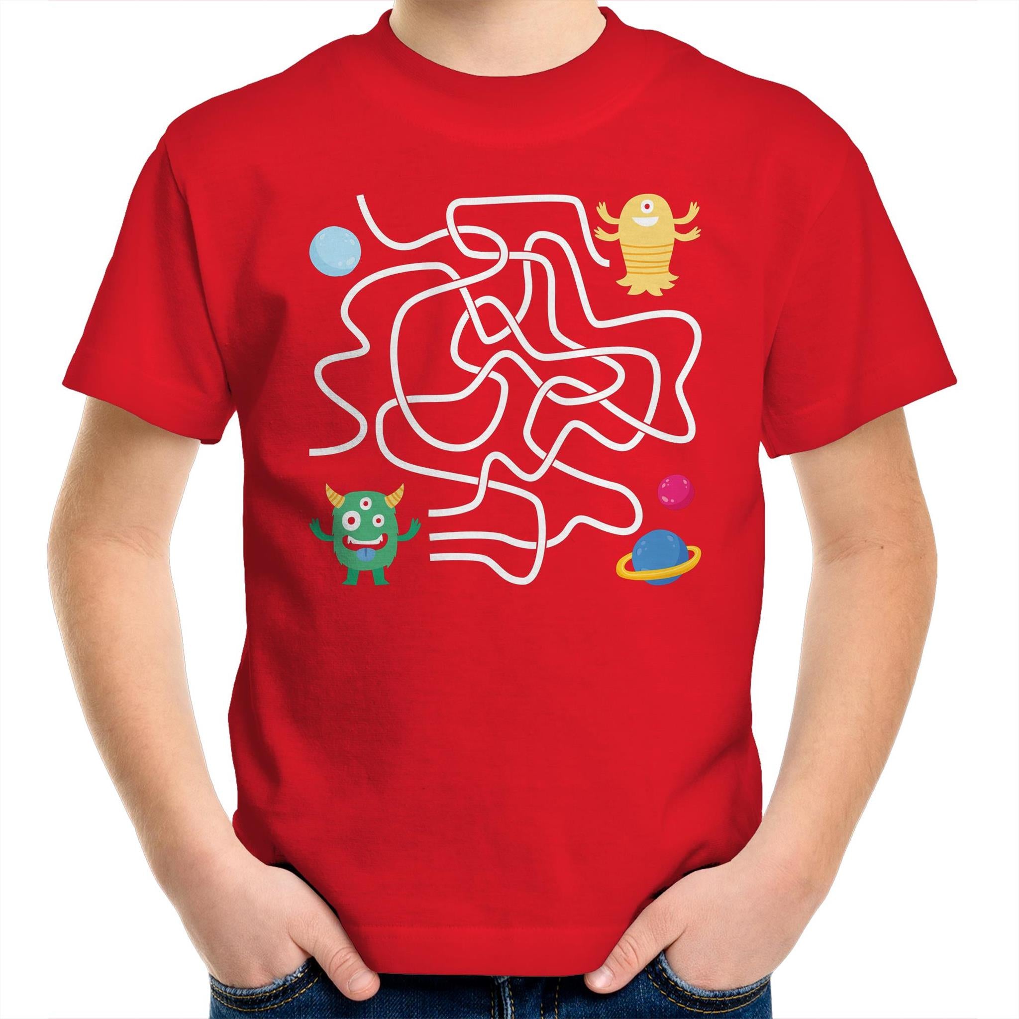 Monster, Find The Right Path - Kids Youth T-Shirt Red Kids Youth T-shirt Printed In Australia Sci Fi
