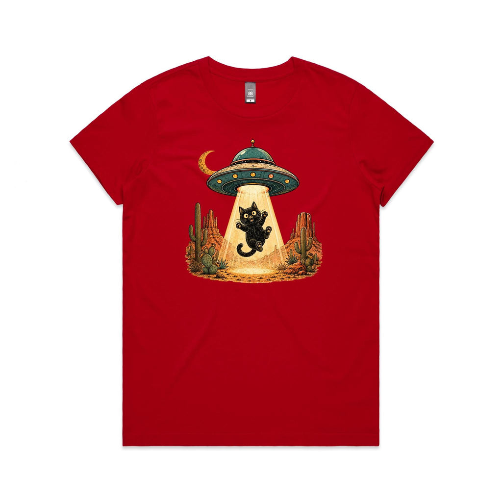 Black Cat Alien UFO Abduction Women's AS Colour T-shirt Red Womens T-shirt animal Printed In Australia Sci Fi