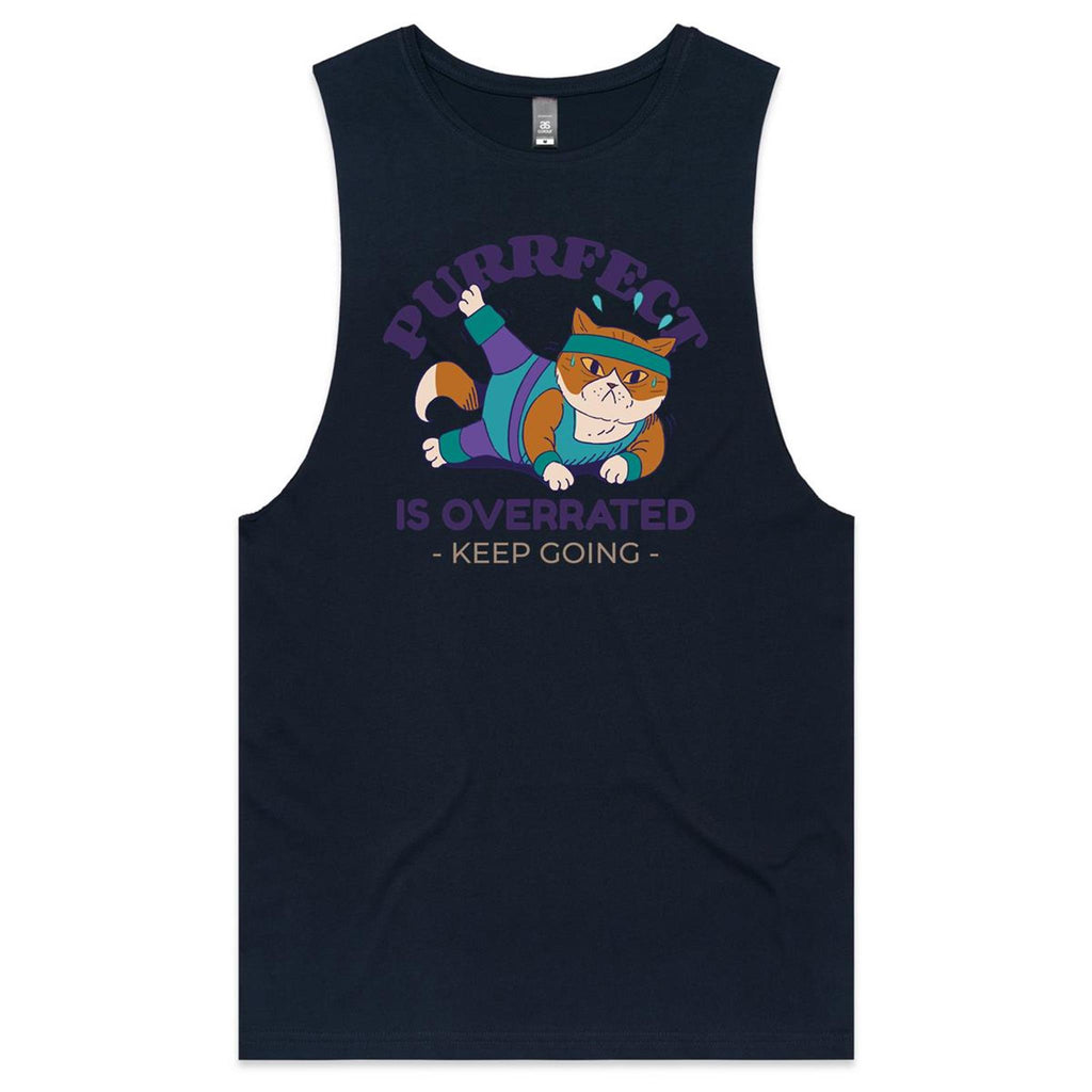 Purrfect Is Overrated - Tank Top Tee Navy Drop Arm Tank Top Fitness Printed In Australia