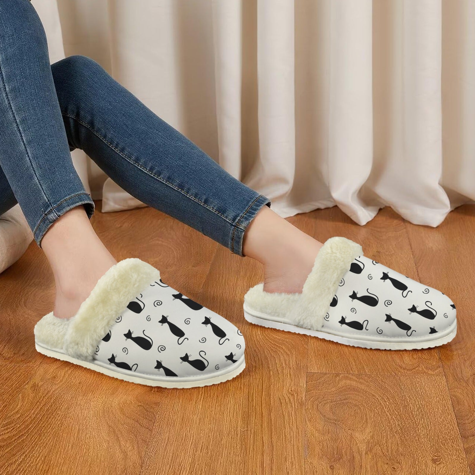 Black Cats Women's Fur Trim Thick-Sole Indoor Slippers Women's Fur Trimmed Slippers animal Printed Offshore