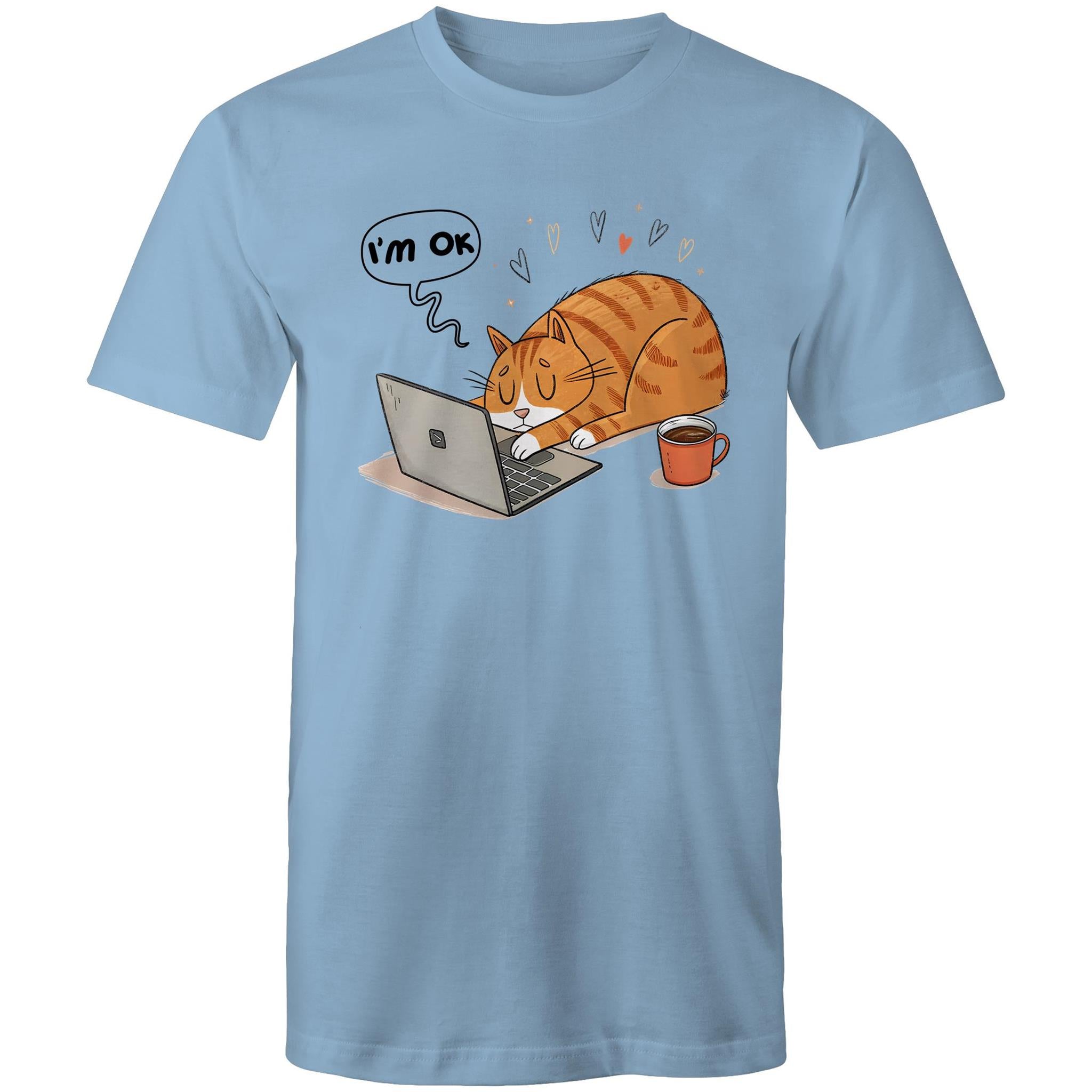 Cat Laptop, I'm OK - Mens T-Shirt Carolina Blue Mens T-shirt animal Printed In Australia