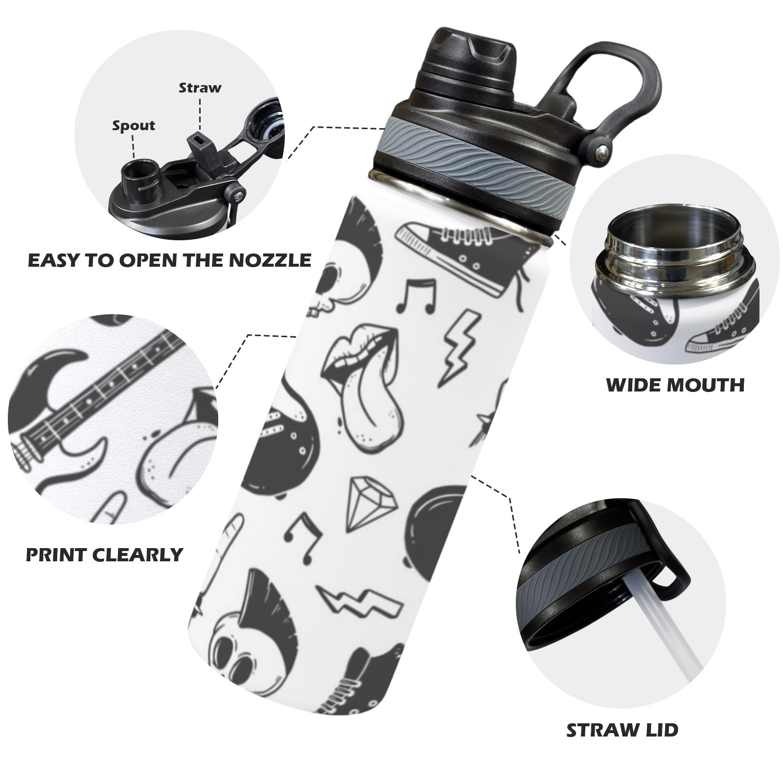 Rock Music - Insulated Water Bottle with Dual-Use Lid (18oz) Insulated Water Bottle with Dual-Use Lid (18oz) Music Printed Offshore