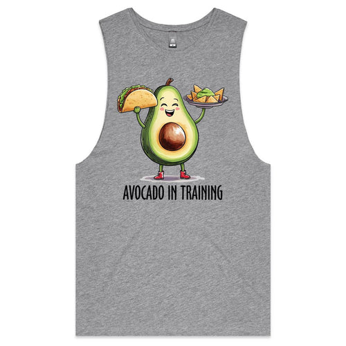 Avocado In Training, Tacos, Nachos - Tank Top Tee Grey Marle Drop Arm Tank Top Fitness Food Printed In Australia
