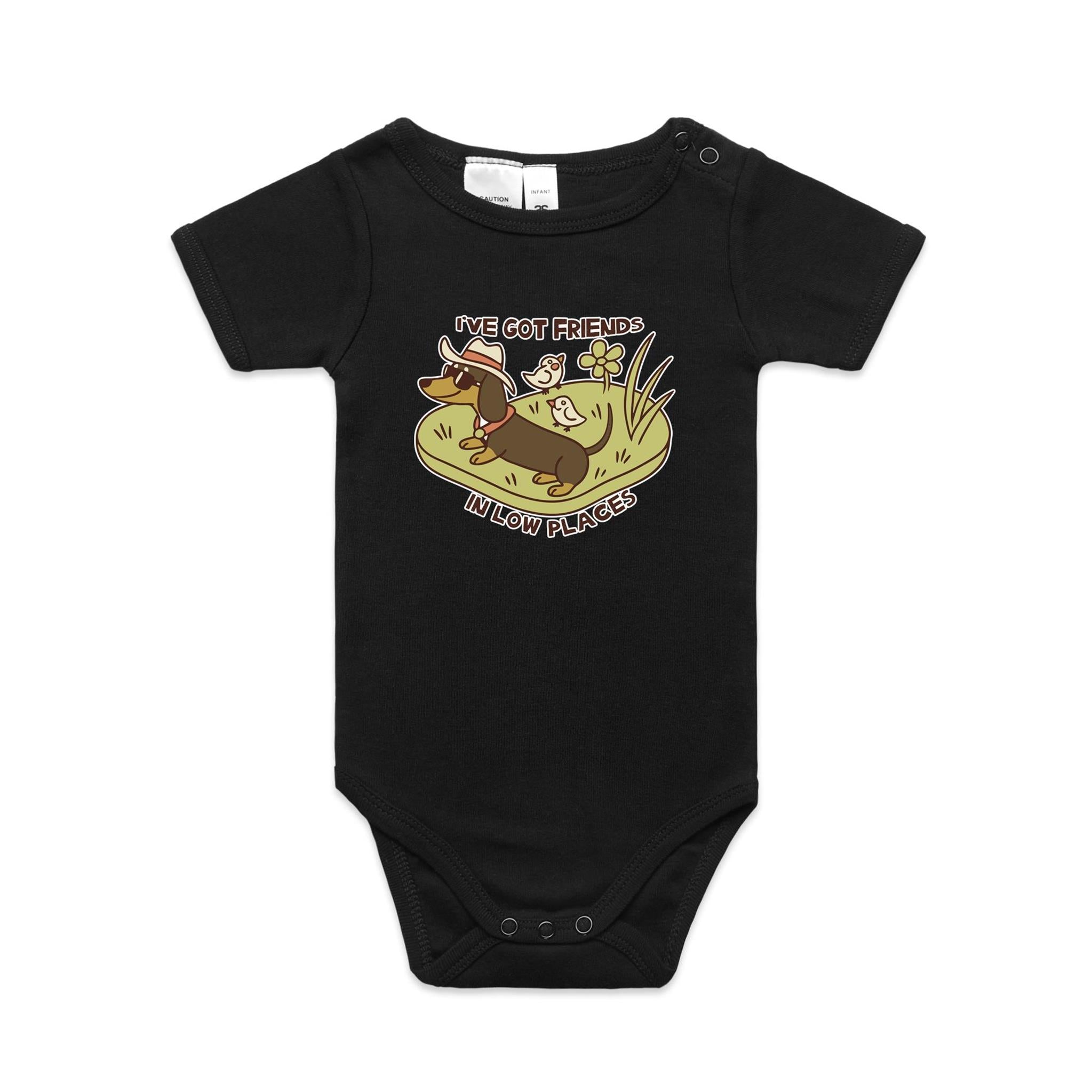 Dachshund, I've Got Friends In Low Places AS Colour Baby Bodysuit Black Baby Bodysuit animal Printed In Australia