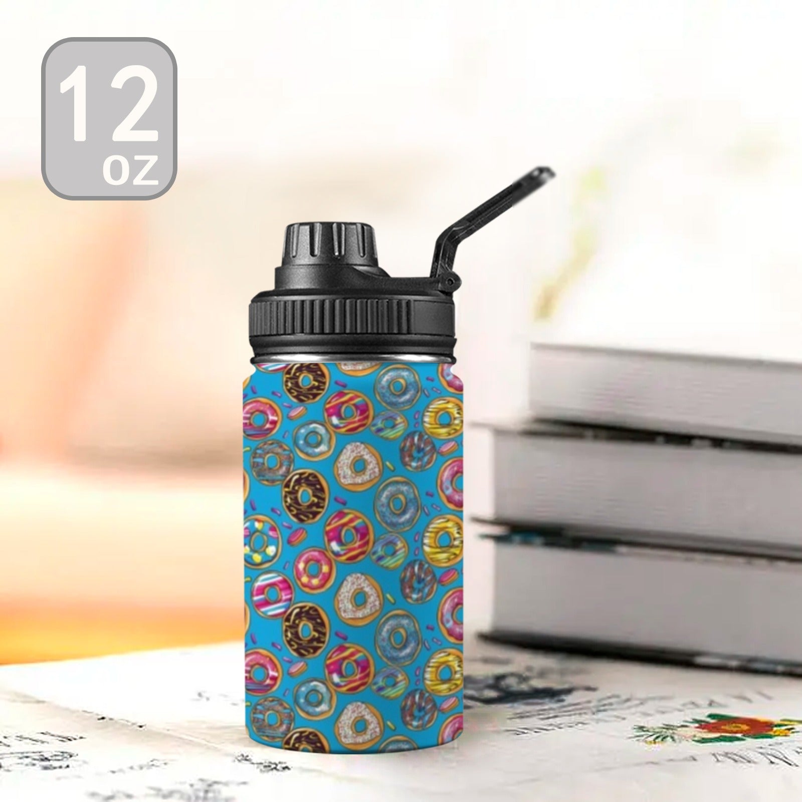 Doughnuts On Blue Kids Water Bottle with Chug Lid (12 oz) Kids Water Bottle with Chug Lid Food Printed Offshore