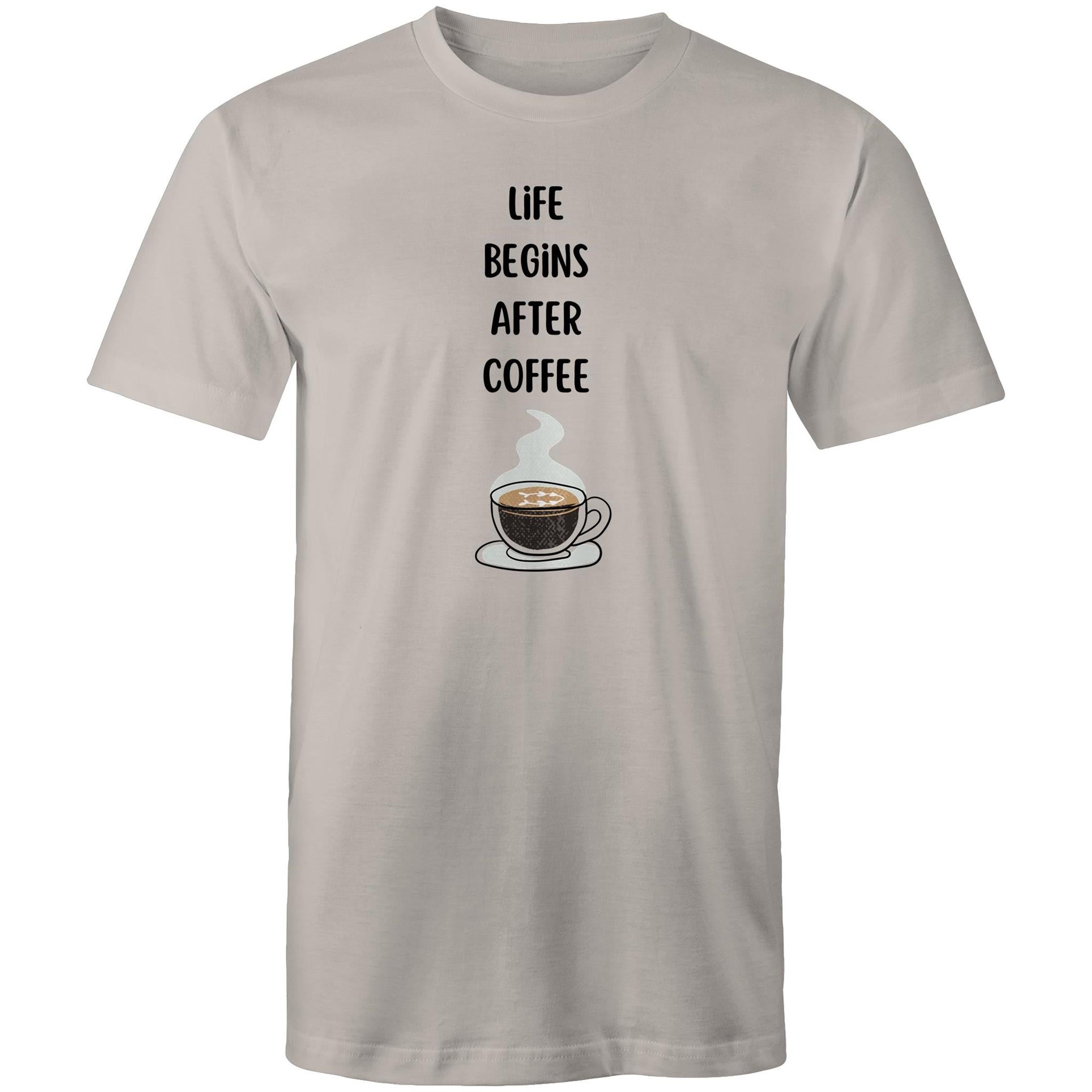 Life Begins After Coffee - Mens T-Shirt Light Grey Mens T-shirt Coffee Printed In Australia