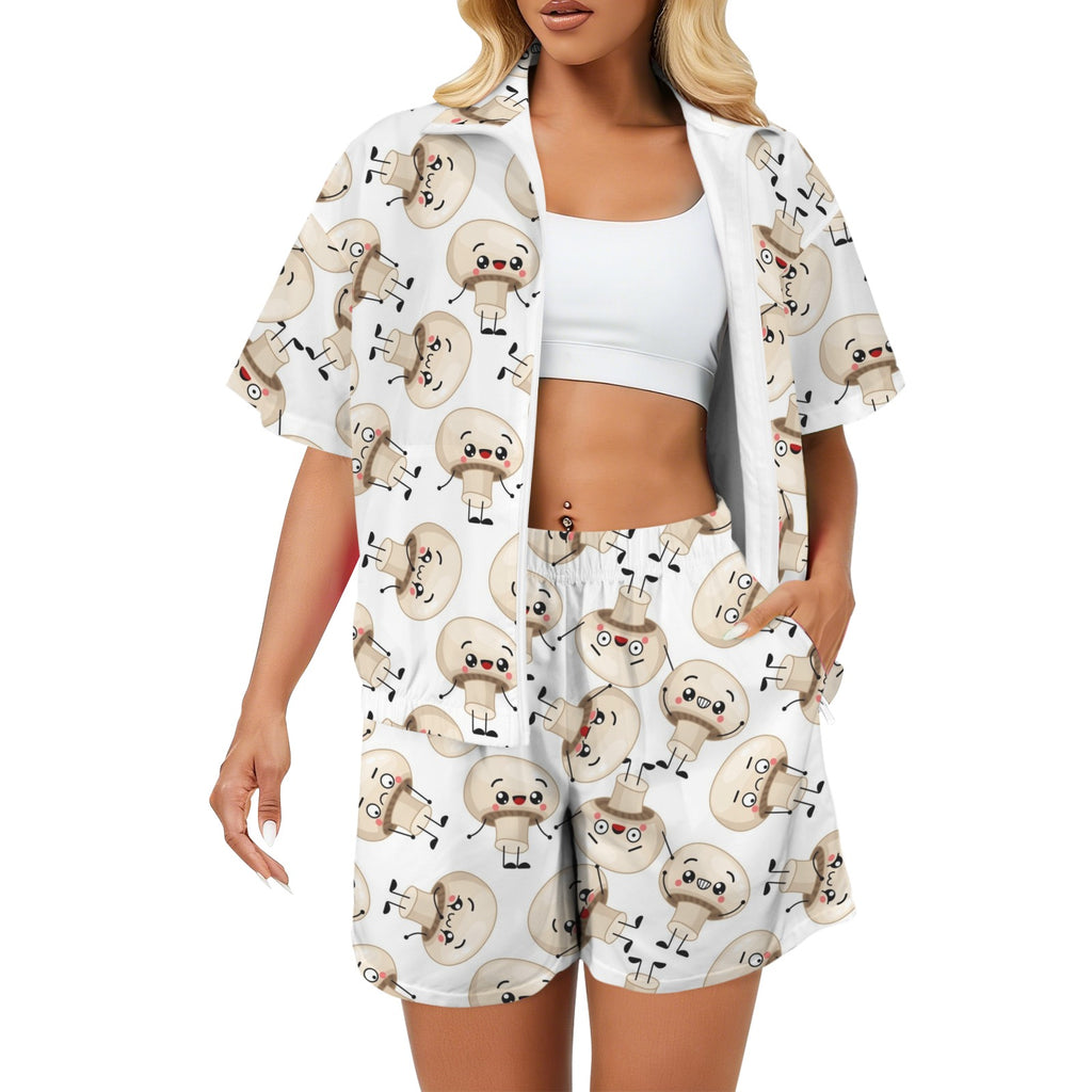 Cute Mushrooms Women's Windbreaker Short Set 2XL Women's Windbreaker Short Set Food Printed Offshore