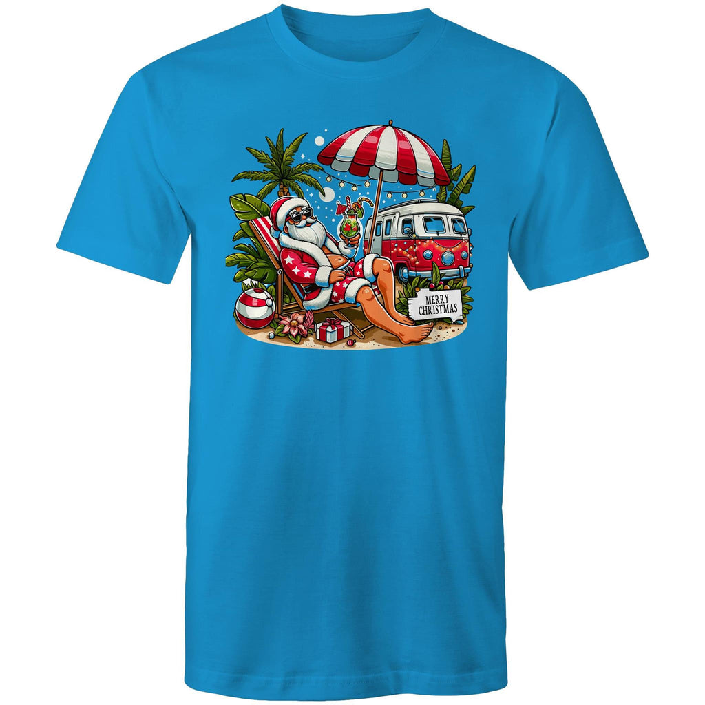 Santa By The Beach - Mens T-Shirt Arctic Blue Mens Christmas T-shirt Christmas Printed In Australia