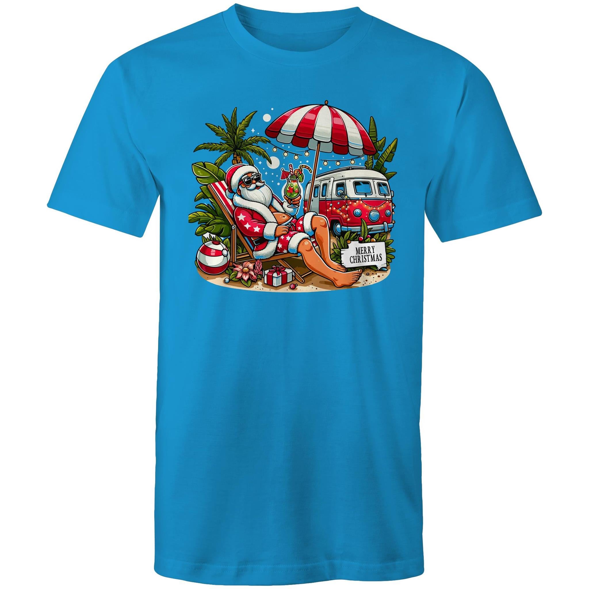 Santa By The Beach - Mens T-Shirt Arctic Blue Mens Christmas T-shirt Christmas Printed In Australia