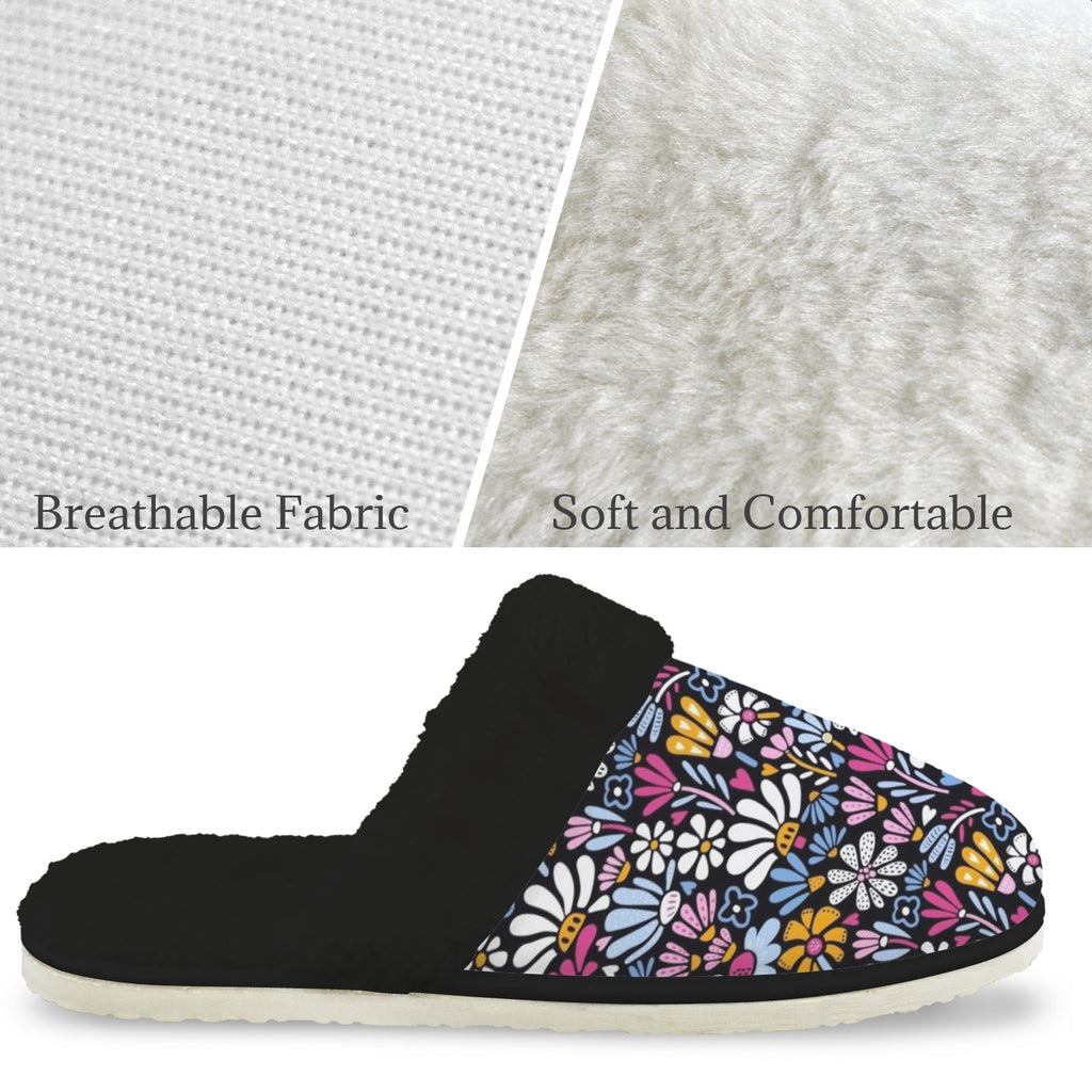 Graphic Flowers On Black Women's Fur Trim Thick-Sole Indoor Slippers Women's Fur Trimmed Slippers Plants Printed Offshore