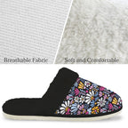 Graphic Flowers On Black Women's Fur Trim Thick-Sole Indoor Slippers Women's Fur Trimmed Slippers Plants Printed Offshore