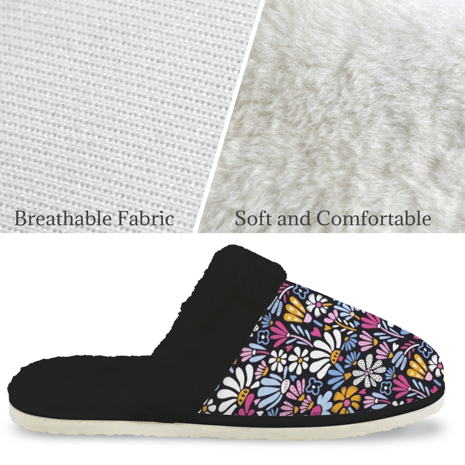 Graphic Flowers On Black Women's Fur Trim Thick-Sole Indoor Slippers Women's Fur Trimmed Slippers Plants Printed Offshore