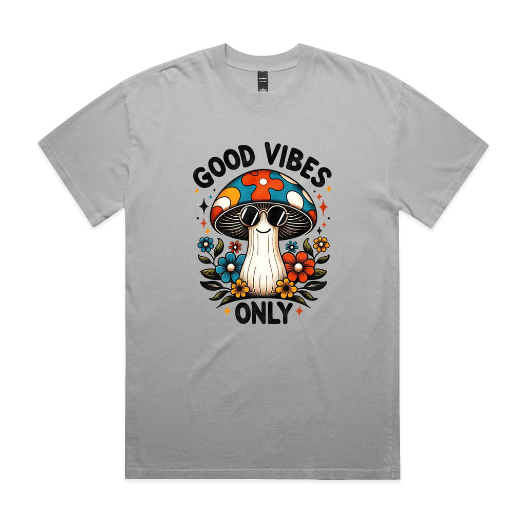 Good Vibes Only, Hippie Mushroom AS Colour Heavy Faded Tee Unisex Faded storm Heavy Faded T-shirt Positivity Printed In Australia