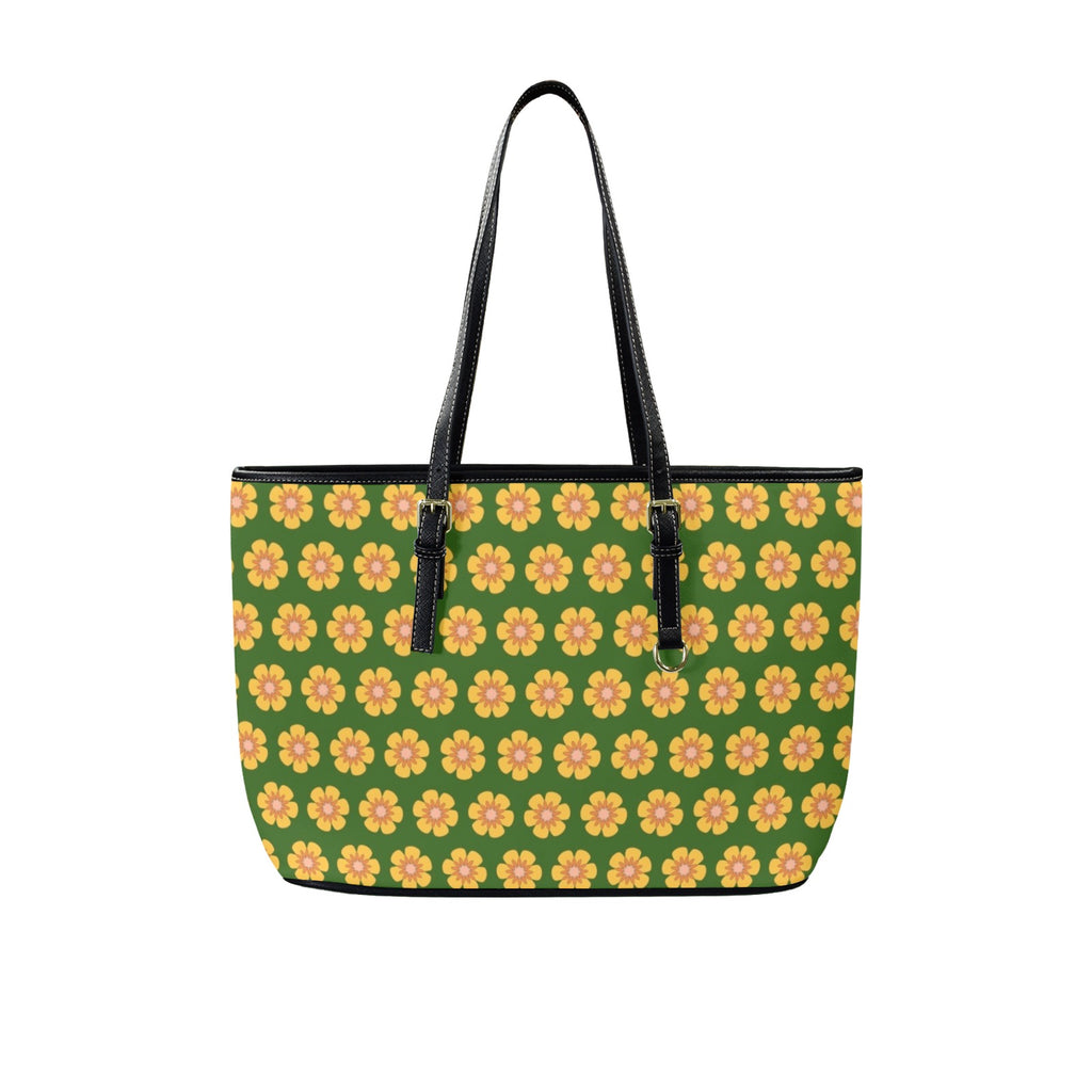 Yellow Flowers On Green PU Leather Tote Bag Large