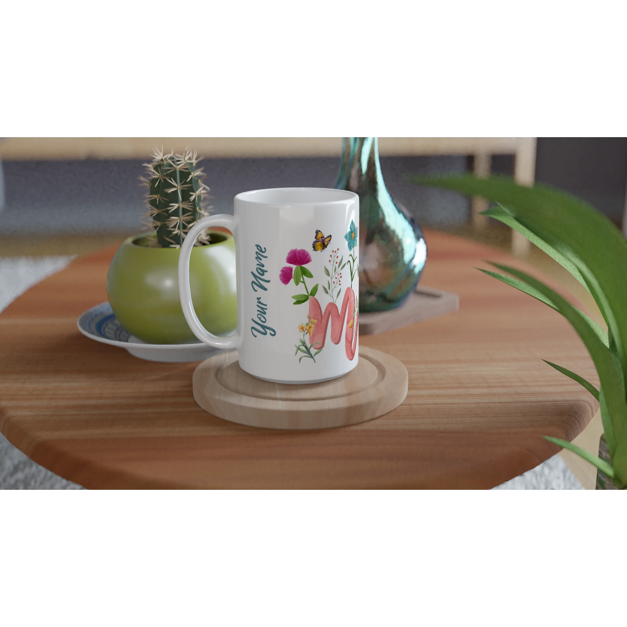 Personalised - Mum With Flowers And Butterflies - White 15oz Ceramic Mug Personalised 15oz Mug Globally Fulfilled Mum