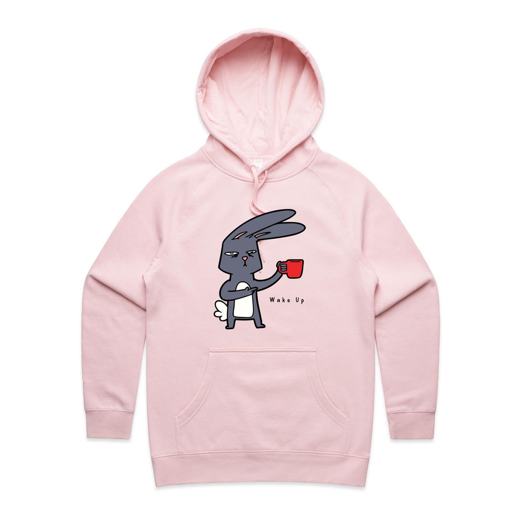Wake Up, Coffee Rabbit - Womens Hoodie Pink Womens Hoodie animal Coffee Printed In Australia