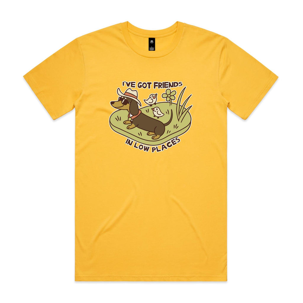Dachshund, I've Got Friends In Low Places Men's AS Colour T-shirt Yellow Mens T-shirt animal Printed In Australia