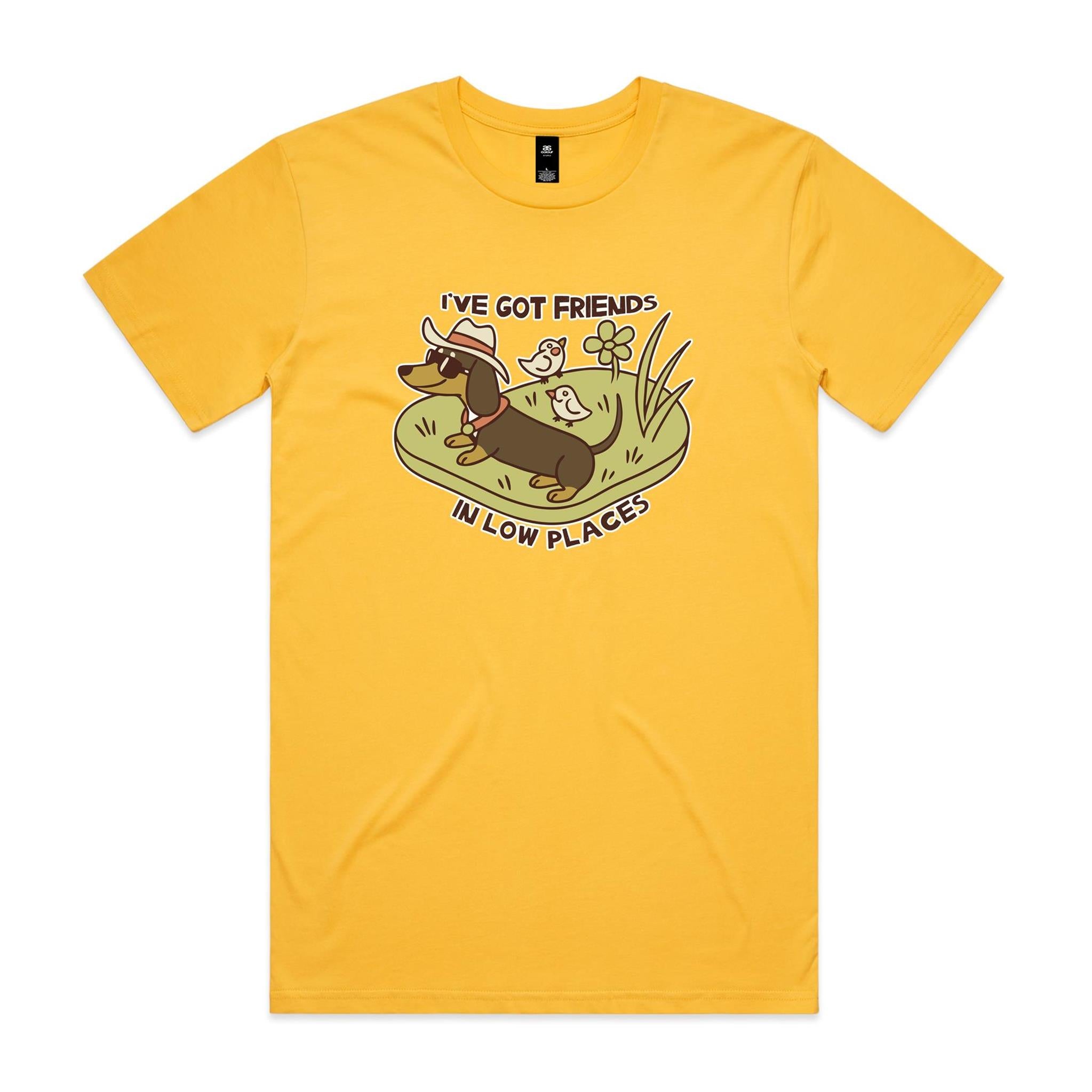 Dachshund, I've Got Friends In Low Places Men's AS Colour T-shirt Yellow Mens T-shirt animal Printed In Australia