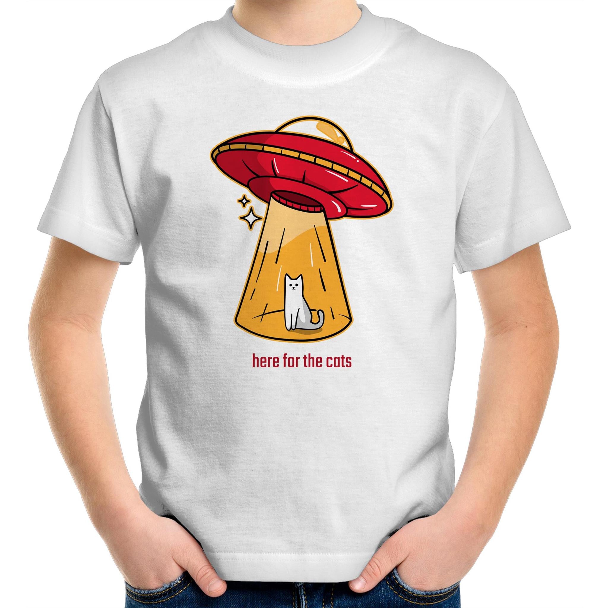 UFO, Here For The Cats - Kids Youth T-Shirt White Kids Youth T-shirt animal Printed In Australia Sci Fi