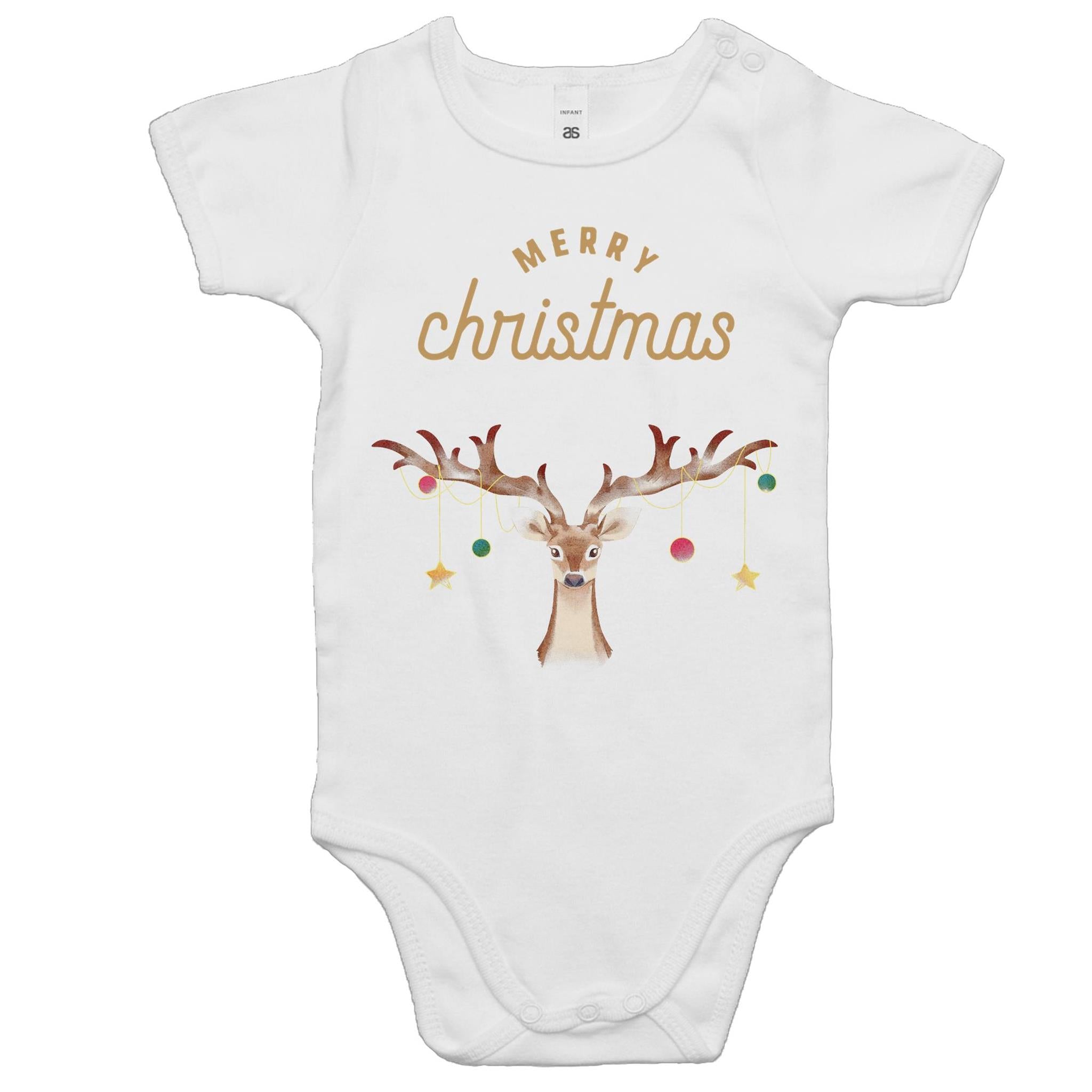 Merry Christmas Reindeer - Baby Bodysuit White Baby Christmas Bodysuit Christmas Printed In Australia
