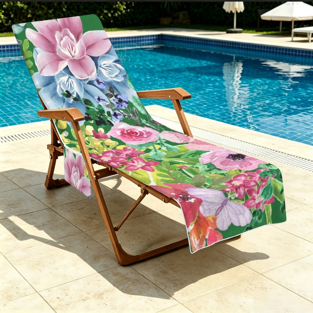 Bright Watercolour Floral Beach Chair Towel Cover with Side Pockets