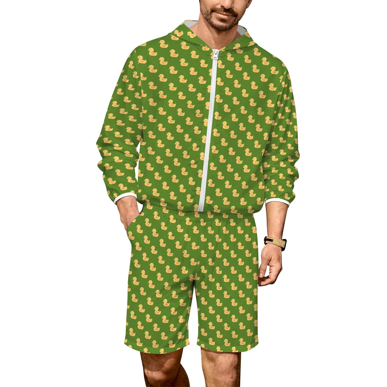 Rubber Ducks On Green Men's Lightweight Sun Hoodie & Shorts Set