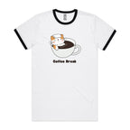 Coffee Break, Cat - Staple Ringer Tee White Black Ringer T-Shirt animal Coffee Printed In Australia