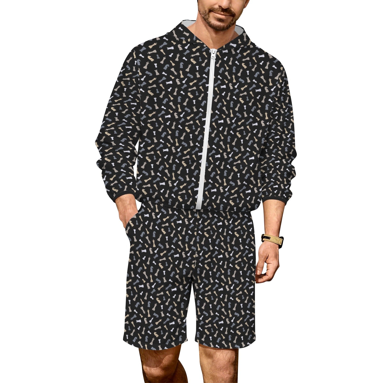 Chess Pattern Men's Lightweight Sun Hoodie & Shorts Set 4XL Men's Lightweight Sun Hoodie & Shorts Chess Games Printed Offshore