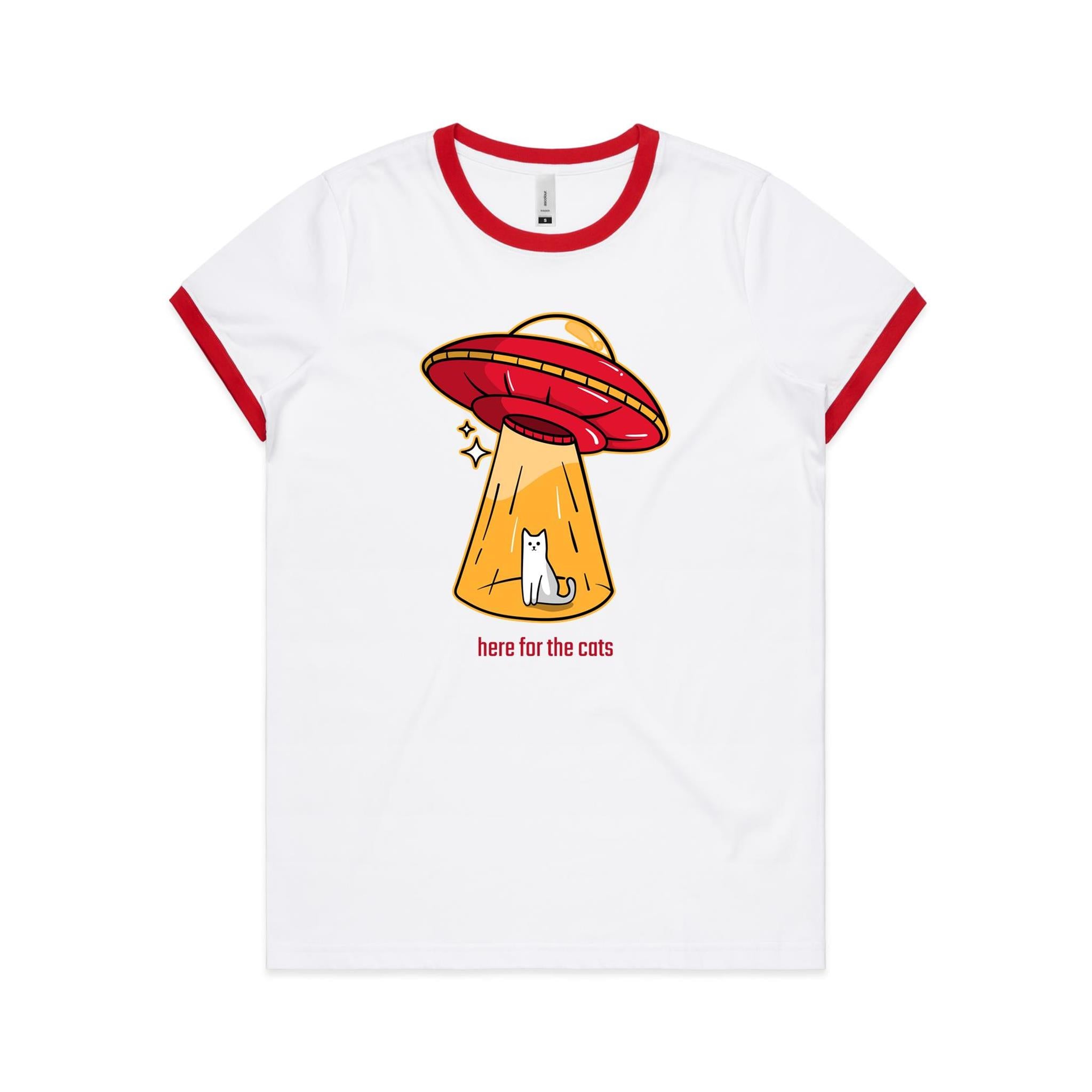 Here For The Cats, UFO - Women's Ringer Tee White Red Womens Ringer T-shirt animal Printed In Australia Sci Fi
