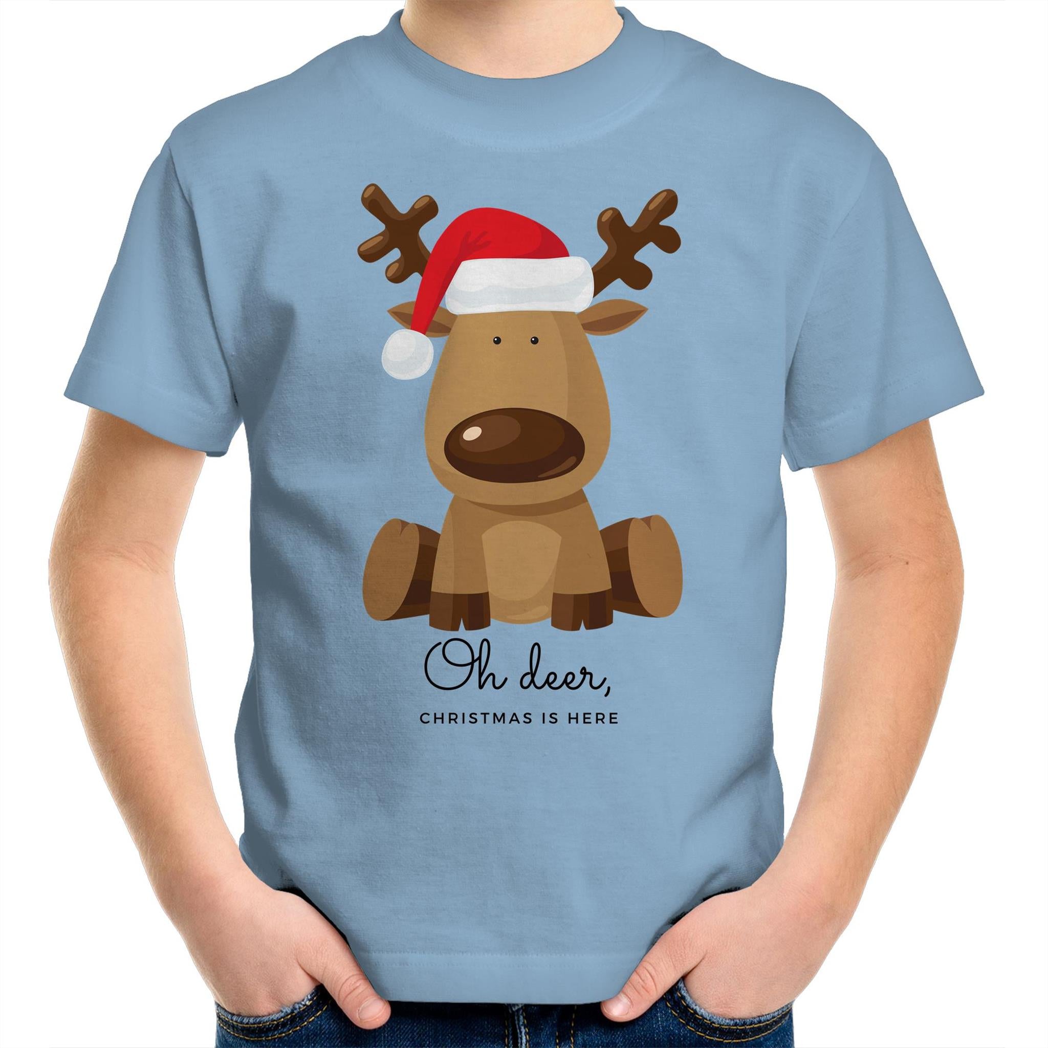 Oh Deer Christmas Is Here, Reindeer - Kids Youth T-Shirt Carolina Blue Kids Christmas T-shirt Christmas Printed In Australia