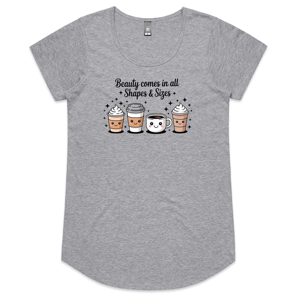 Coffee Beauty, All Shapes And Sizes Women's AS Colour Scoop Neck T-Shirt Grey Marle Womens Scoop Neck T-shirt Coffee Positivity Printed In Australia