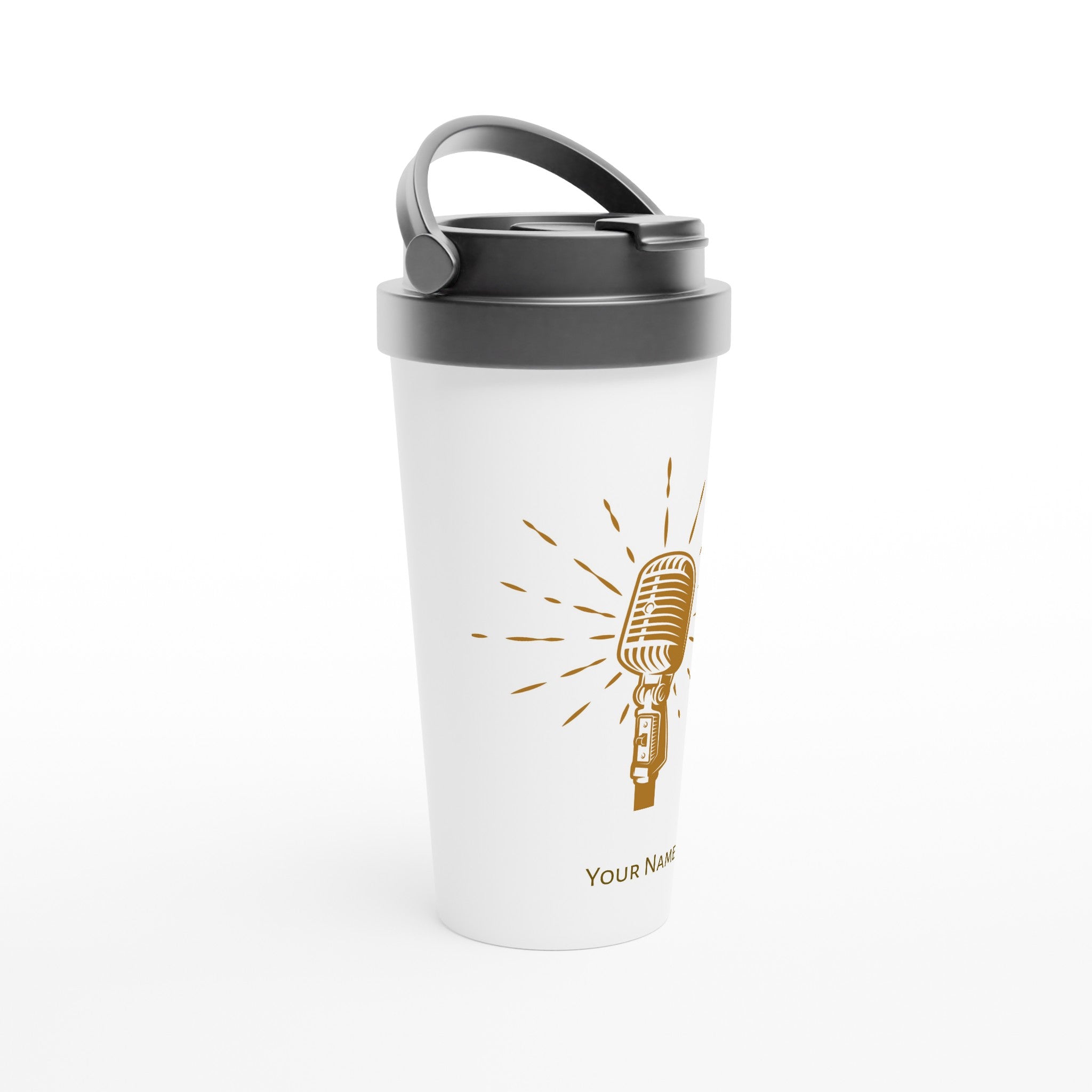Personalised - Retro Microphone - White 15oz Stainless Steel Travel Mug Personalised Travel Mug Globally Fulfilled Music Retro