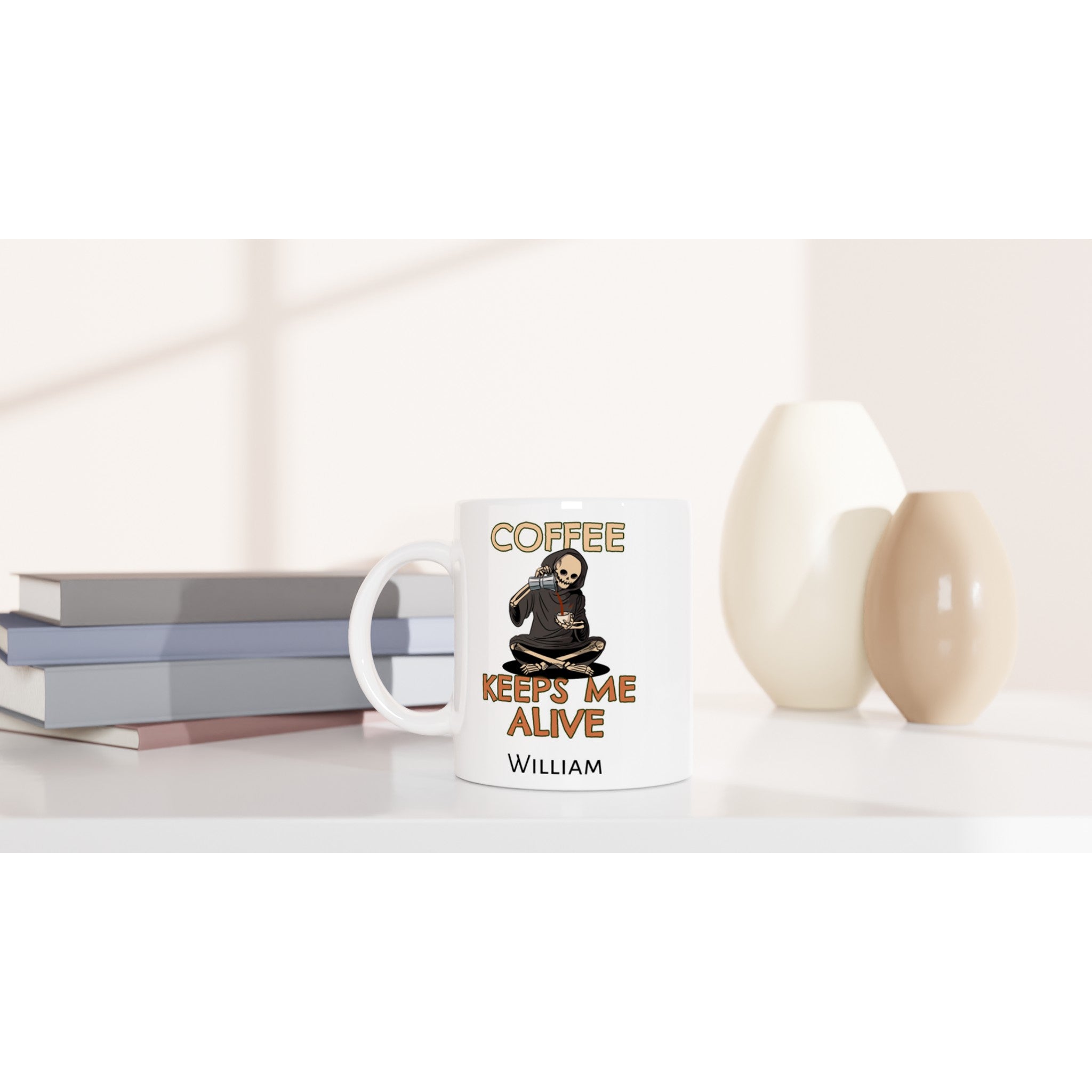 Personalise - Skeleton, Coffee Keeps Me Alive - White 11oz Ceramic Mug Personalised 11oz Mug Coffee customise Globally Fulfilled personalise