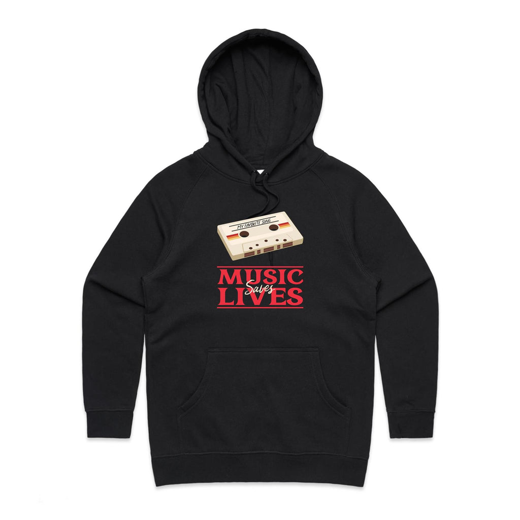 Music Saves Lives, Cassette Tape - Womens Hoodie Black Womens Hoodie Music Printed In Australia Retro