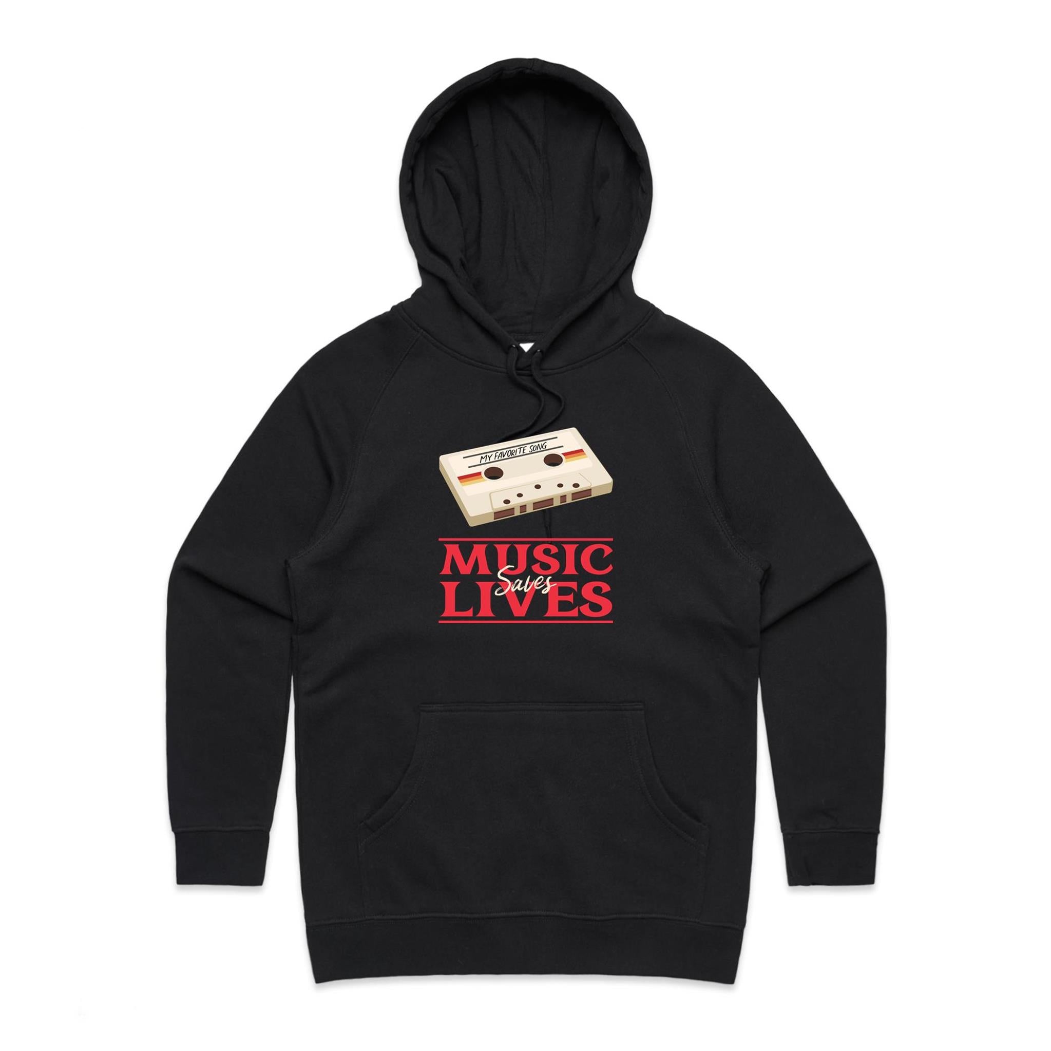 Music Saves Lives, Cassette Tape - Womens Hoodie Black Womens Hoodie Music Printed In Australia Retro