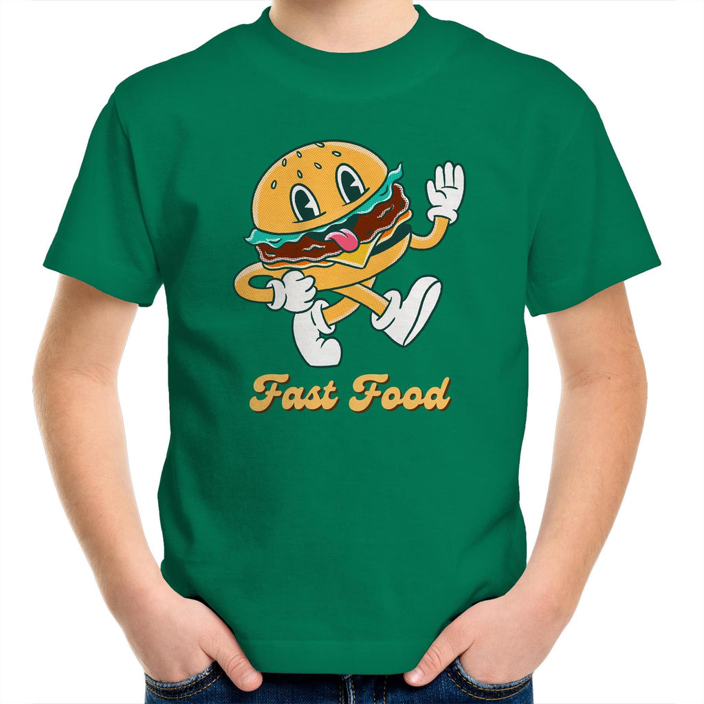 Fast Food, Hamburger - Kids Youth T-Shirt Kelly Green Kids Youth T-shirt Food Printed In Australia Retro