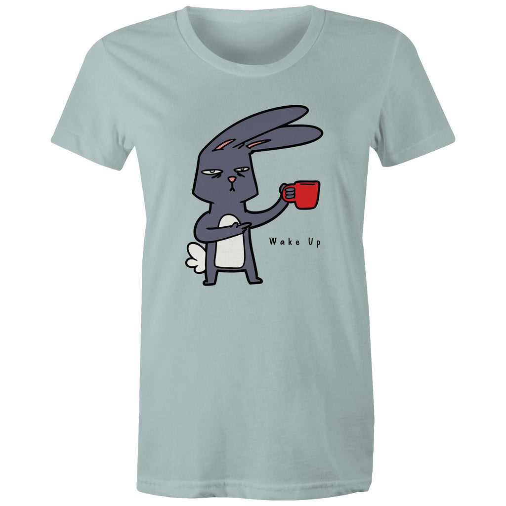Rabbit Coffee, Wake Up - Womens T-shirt Pale Blue Womens T-shirt animal Coffee Printed In Australia
