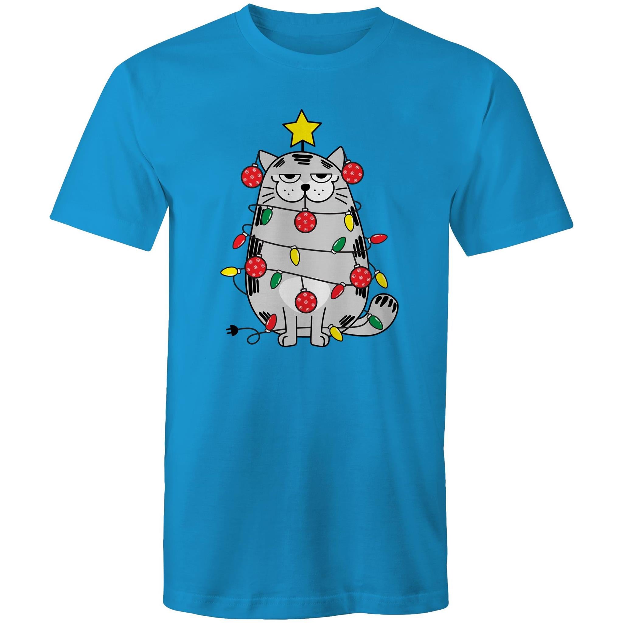 Christmas Cat - Mens T-Shirt Arctic Blue Mens Christmas T-shirt Christmas Printed In Australia