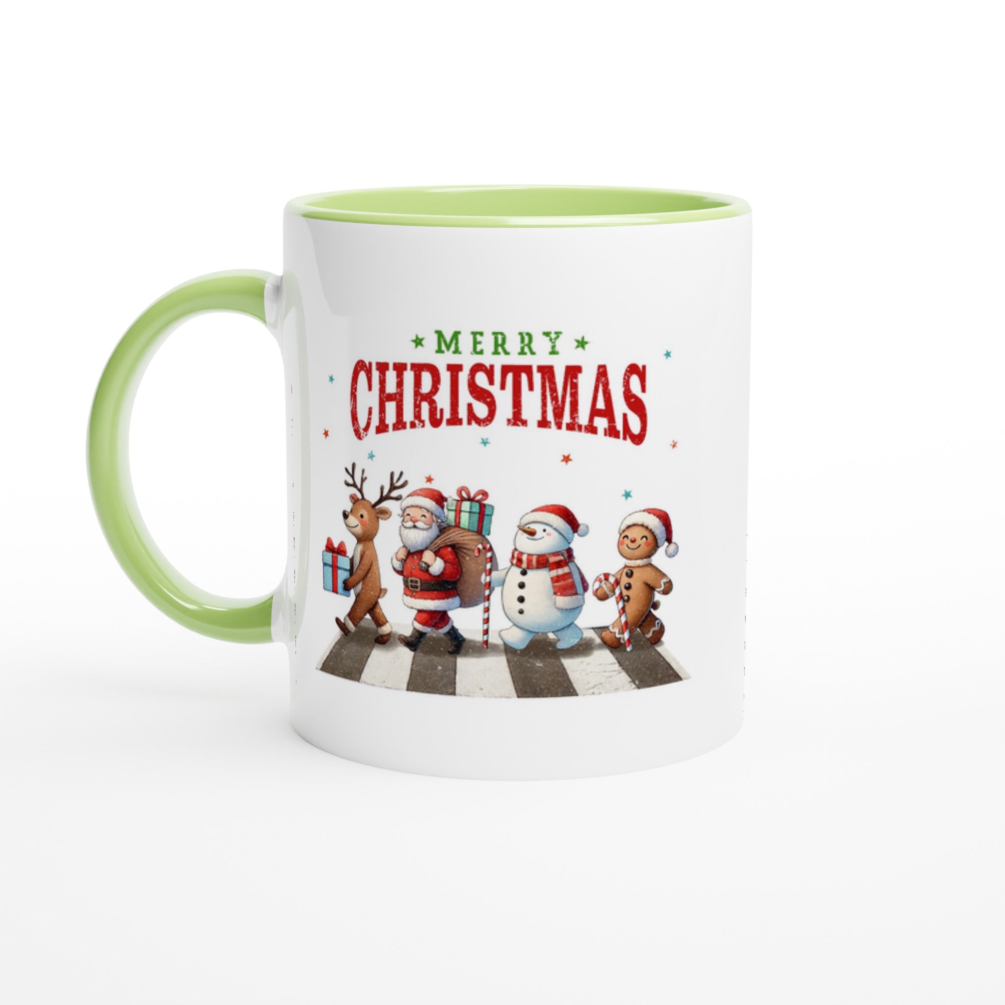 Fab Four, Merry Christmas - White 11oz Ceramic Mug with Color Inside Ceramic Green Christmas Colour Mug Christmas Globally Fulfilled