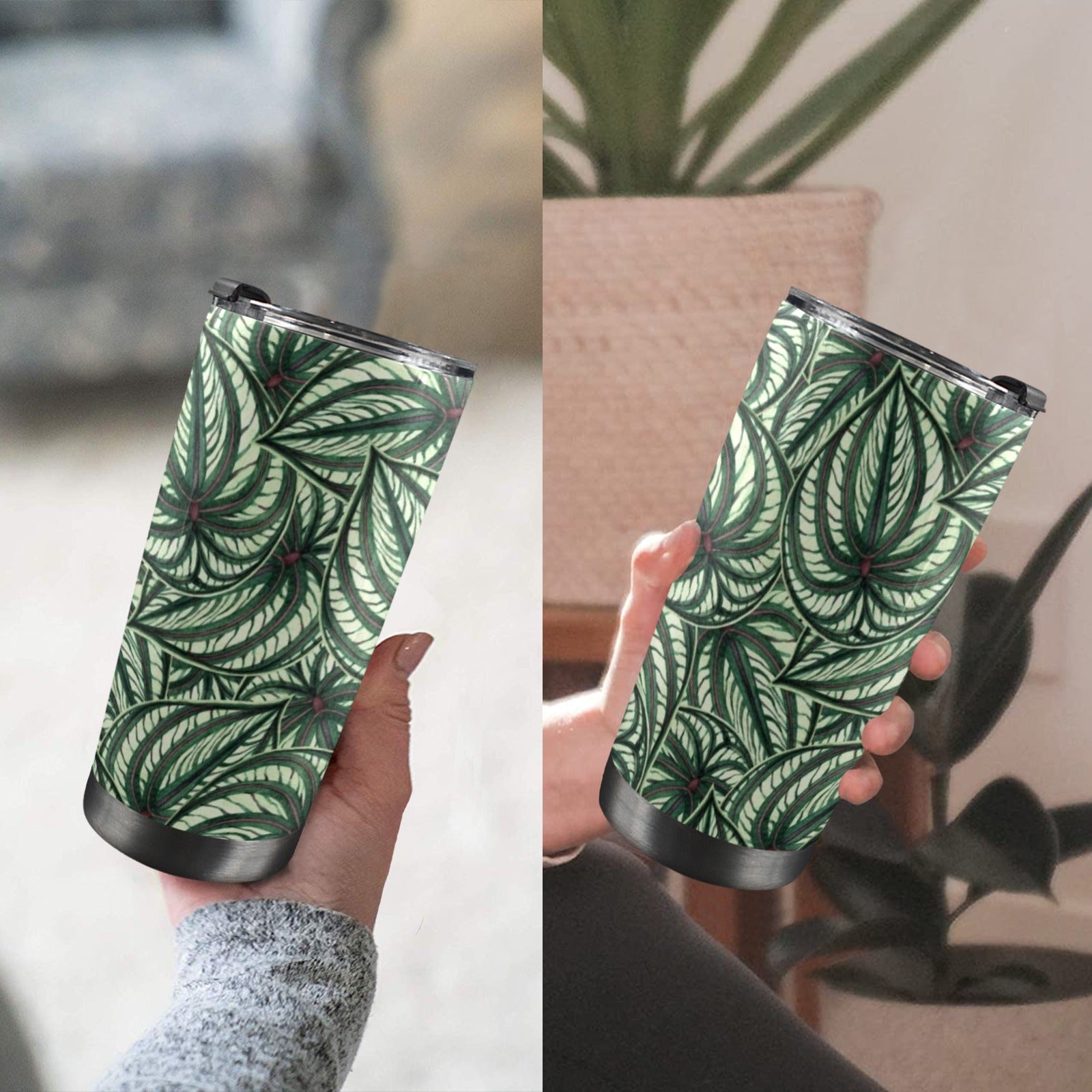 Stripy Leaves 20oz Mobile Tumbler with Lid (Black Lock) 20oz Travel Mug Plants Printed Offshore
